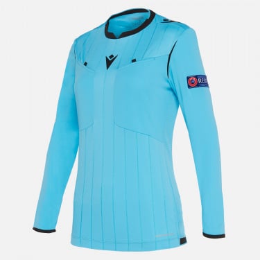 Referee woman neon blue shirt UEFA