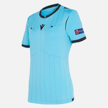 Referee woman neon blue shirt UEFA