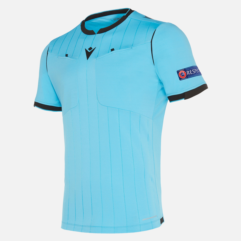 camiseta neon blue UEFA Técnica Deportiva Macron