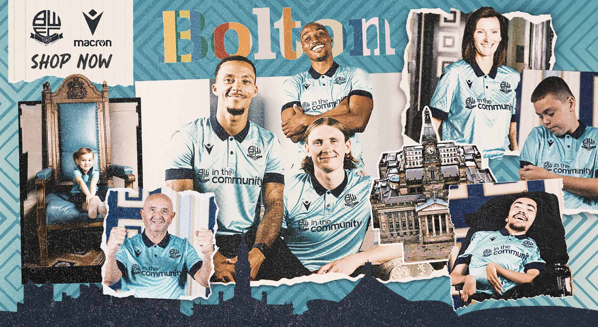 Skyline cittadino e una grafica geometrica per la Third del Bolton Wanderers FC