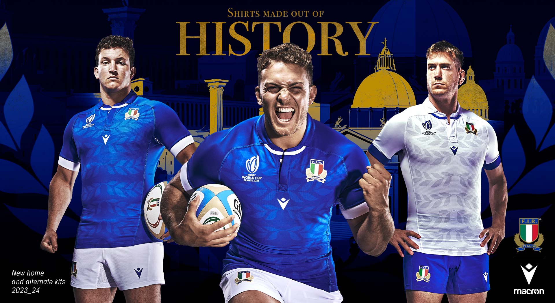 A laurel wreath and the 'Lupa Capitolina' grace Italrugby shirts for the Rugby World Cup 2023