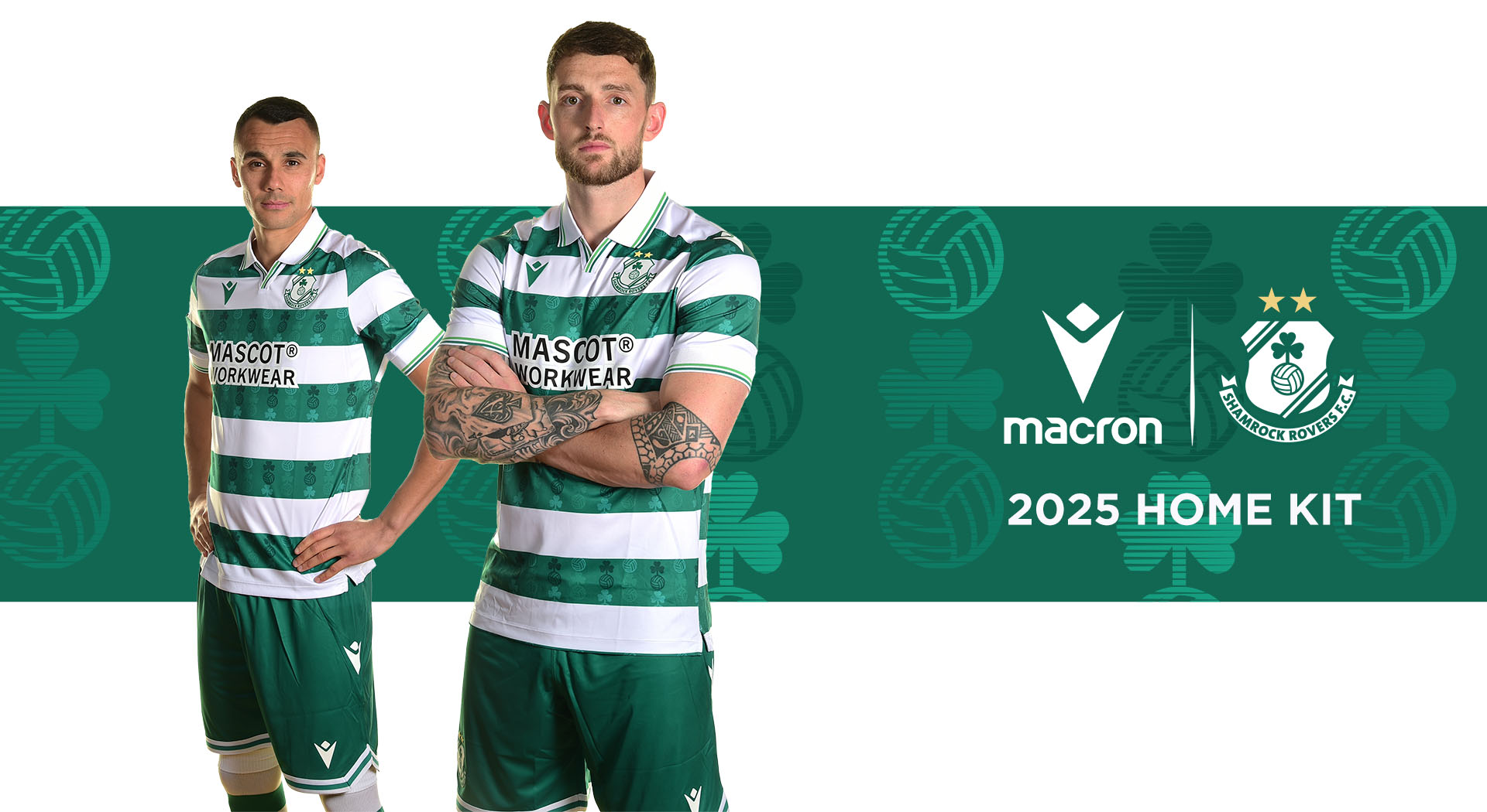 The traditional green and white stripes in the new Shamrock Rovers FC Home Kit designed by Macron