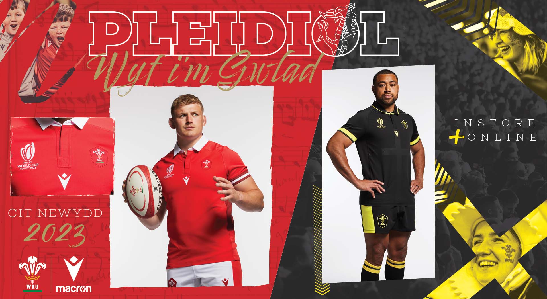 Words from the national anthem and the flag of Saint David on the Wales mens team jerseys for RWC23 Worldwide Shipping